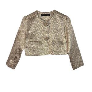 Armand Basi Metallic Gold Brocade Cropped Snap Front Blazer Jacket
